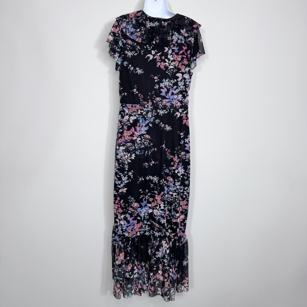 Apt. 9 Dress Womens Large Black Floral Chiffon Wrap Maxi Ruffle Hem Lined - Picture 8 of 11